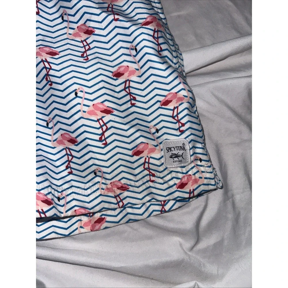Spicy Tuna Boys 10 All Over Flamingo Swim Trunks Light‎ Blue Drawstring